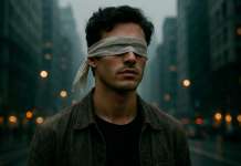 Los 8 velos de la Percepción … El Camino hacia la Verdad Hombre con los ojos vendados en medio de la ciudad y los 8 velos de la percepción