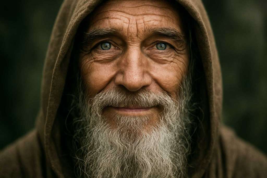 Anciano místico con ojos grises y mirada consciente