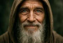 La Mirada Consciente … El lenguaje silencioso del alma Anciano místico con ojos grises y mirada consciente