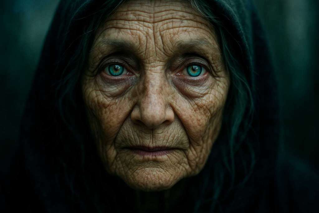 Mujer anciana de ojos azules y mirada triste