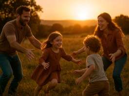 Relaciones familiares en la naturaleza al atardecer