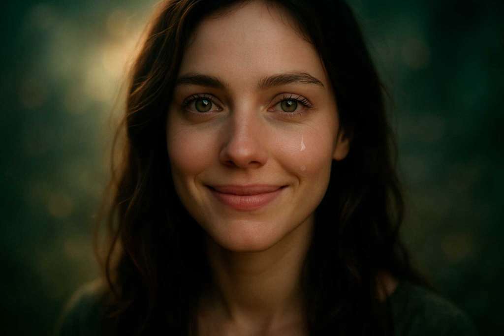 Una mujer sonriendo con una lagrima y el amor incondicional