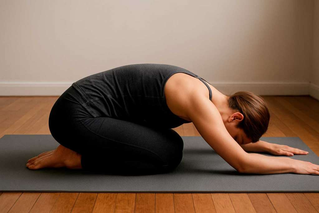 Mujer realizando postura yoga Balasana, o la postura del niño