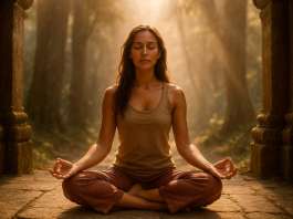 Mujer realizando yoga en un entorno sagrado
