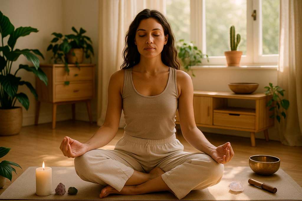 Mujer meditando en el salón limpiando energías negativas del hogar