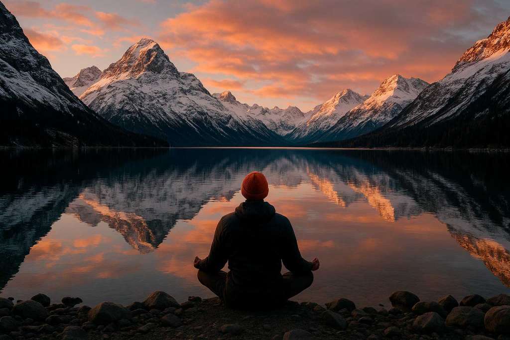 Hombre realizando relajación y meditación en frente a un lao y montañas