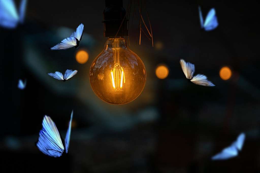 Mariposas alrededor de una bombilla simbolizando la Curación espiritual de nuestro lado oscuro 