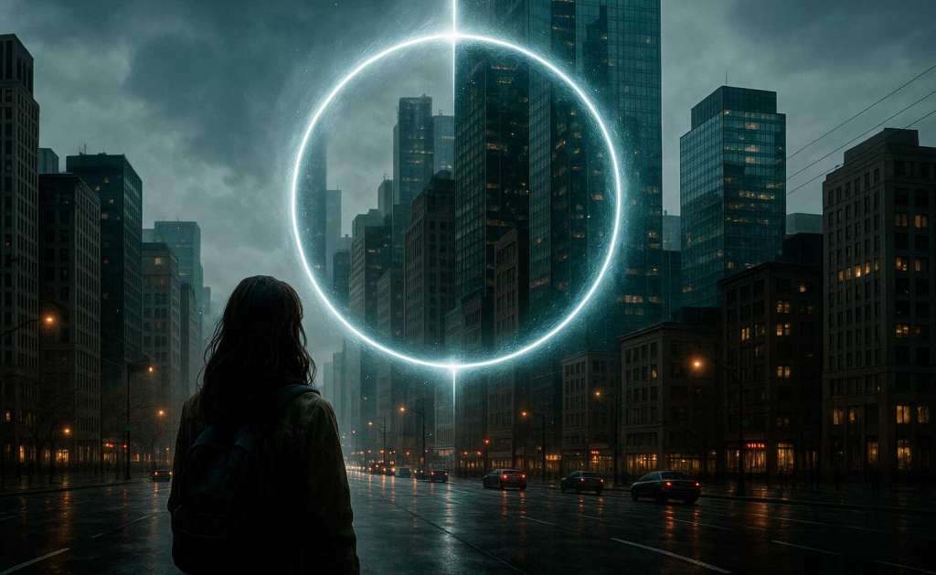 Mujer ante una apertura de un universo paralelo en una ciudad