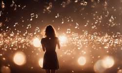 Curación con sonido: ¿Cuál es tu frecuencia? Una mujer entre muchas notas musicales y la curación con sonido