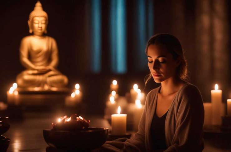 Una mujer en un espacio sereno realizando meditación