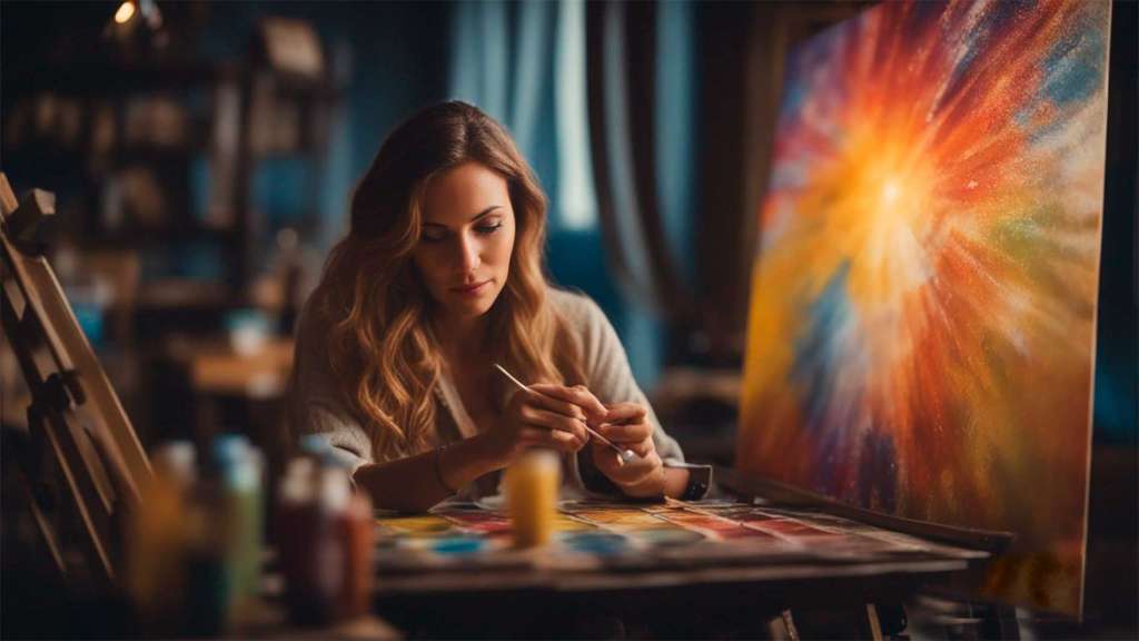Una mujer pintando y desarrollando la creatividad dentro del autocuidado