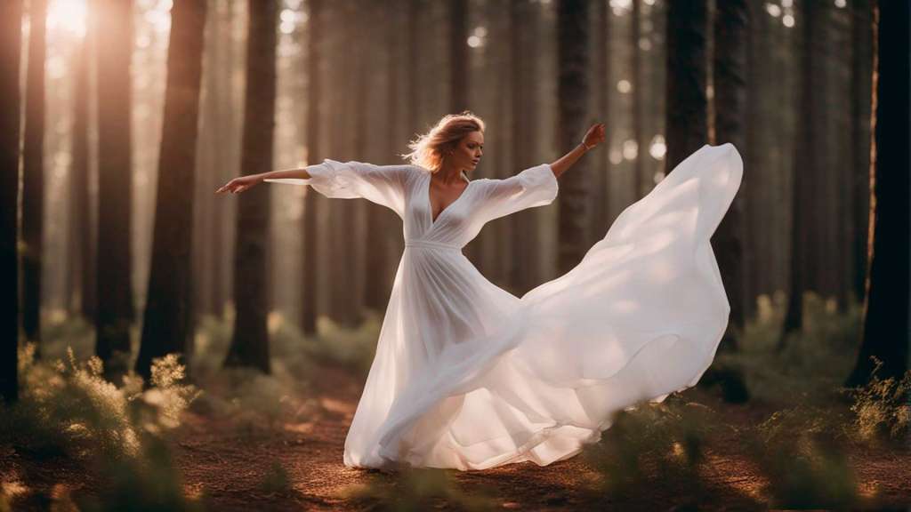 Mujer bailando en un bosque y la meditación a través de la danza