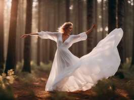 Mujer bailando en un bosque y la meditación a través de la danza