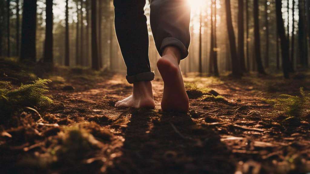 Un hombre caminando descalzo por un bosque y la puesta a tierra en el desarrollo interior