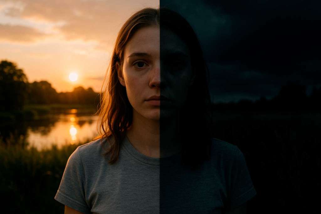 Mujer representando la dualidad. Mitad con luz y mitad con sombra