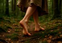 Grounding o Conexión a tierra… La sanación con la Tierra Mujer con los pies descalzos por un bosque practicando Grounding o Conexión a tierra