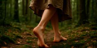Grounding o Conexión a tierra… La sanación con la Tierra Mujer con los pies descalzos por un bosque practicando Grounding o Conexión a tierra
