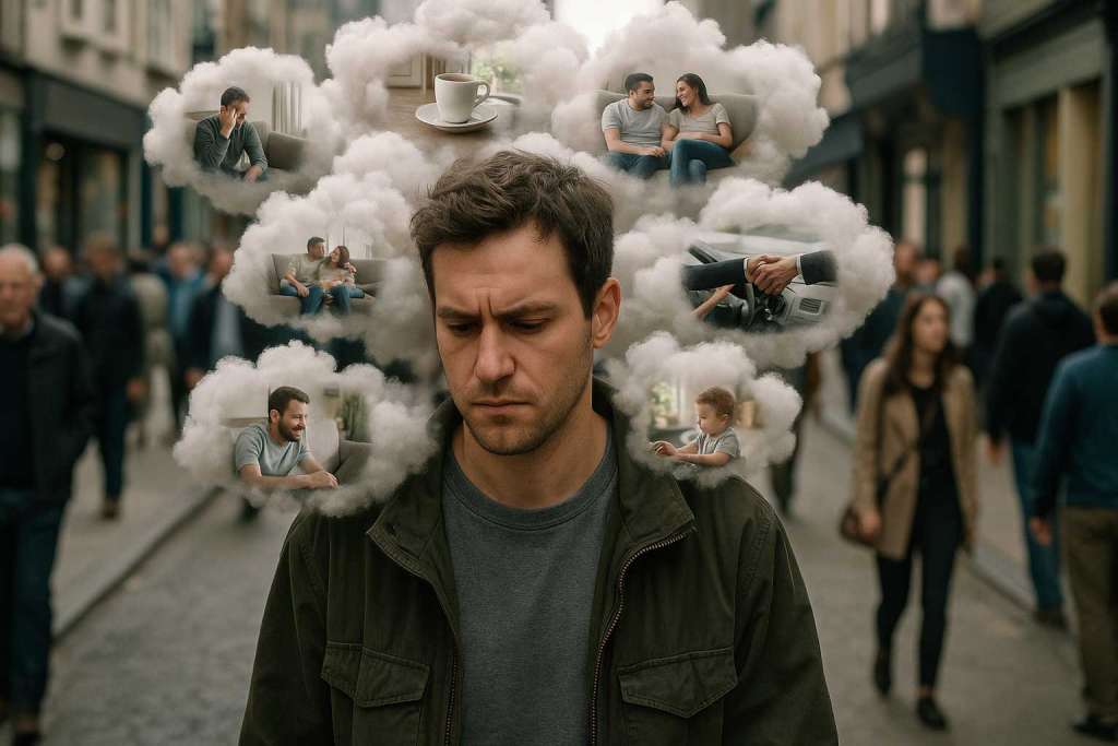 Hombre caminando por la calle con muchos pensamientos