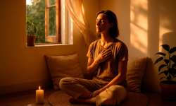 Curso Consciencia – Día 28: La consciencia como hogar Mujer sentada en silencio en un rincón íntimo lleno de luz natural.