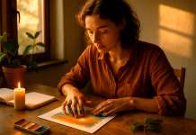 Curso Consciencia – Día 27: Crear desde el presente Una mujer está pintando con los dedos un atardecer.