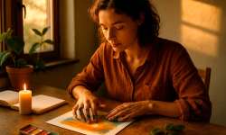 Curso Consciencia – Día 27: Crear desde el presente Una mujer está pintando con los dedos un atardecer.