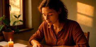 Curso Consciencia – Día 27: Crear desde el presente Una mujer está pintando con los dedos un atardecer.