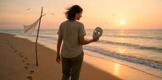 Curso Consciencia – Día 15: El personaje que crees ser Mujer andando por una playa al atardecer con una careta en la mano