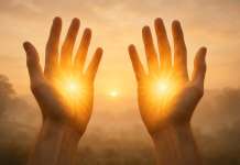 Los Chakras de las Manos … Técnicas de activación Imagen de dos manos en el atardecer con dos luces en las palmas que son los chakras de las manos