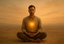 El ego y la construcción ilusoria del «yo» Un hombre meditando en medio de la nada simbolizando a sus pensamientos y al ego