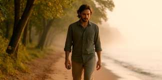 Curso Consciencia – Día 26: Meditación activa: caminar consciente Una hombre camina lentamente por un sendero de tierra entre árboles y por la orilla del mar. Va descalzo, con una expresión serena, atenta y en calma.