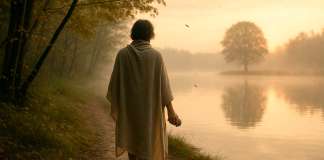 Curso Consciencia – Día 23: Hacer menos, ser más Un hombre que camina descalzo sobre un sendero de tierra húmeda entre árboles y a la orilla de un lago.