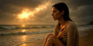Curso Consciencia – Día 21: No eres tus emociones Una mujer sentada junto al mar, con las piernas recogidas y la mirada tranquila, contemplando las olas con serenidad