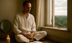 Curso Consciencia – Día 18: El yo observador Una persona sentada en postura de meditación vestida de blanco y junto a una gran ventana abierta