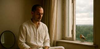 Curso Consciencia – Día 18: El yo observador Una persona sentada en postura de meditación vestida de blanco y junto a una gran ventana abierta