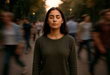 Curso Consciencia – Día 6: El poder del ahora Mujer parada con los ojos cerrados en medio de una calle transitada