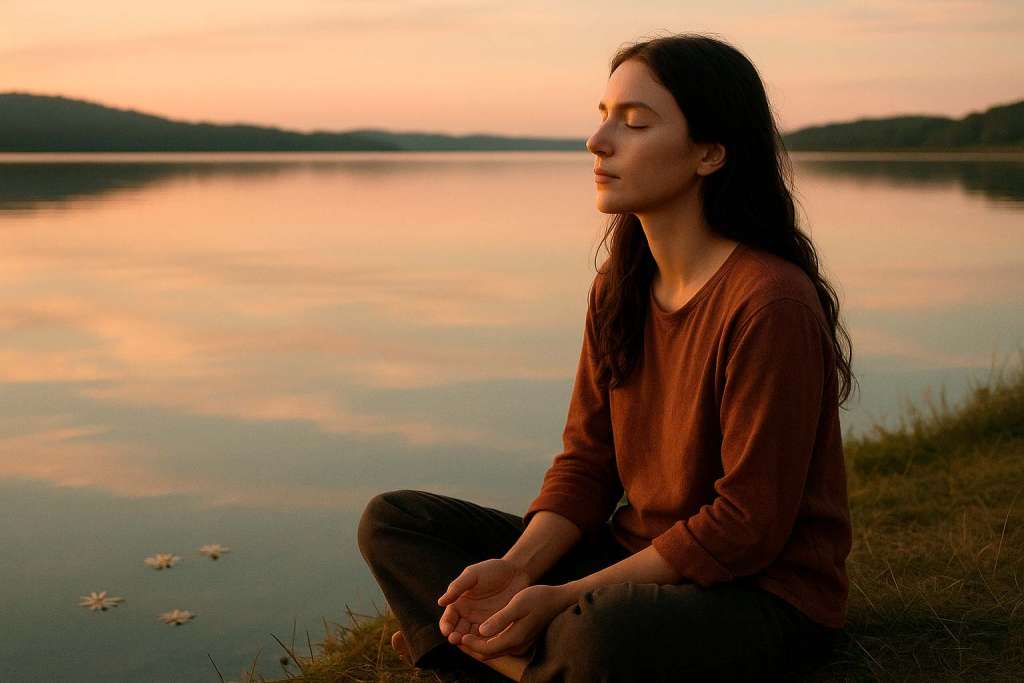 Una mujer sentada en quietud total con los ojos cerrados junto a un lago recapacitando sobre la envidia
