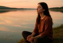 Curso Consciencia – Día 29: La paz está aquí Una mujer sentada en quietud total con los ojos cerrados junto a un lago.