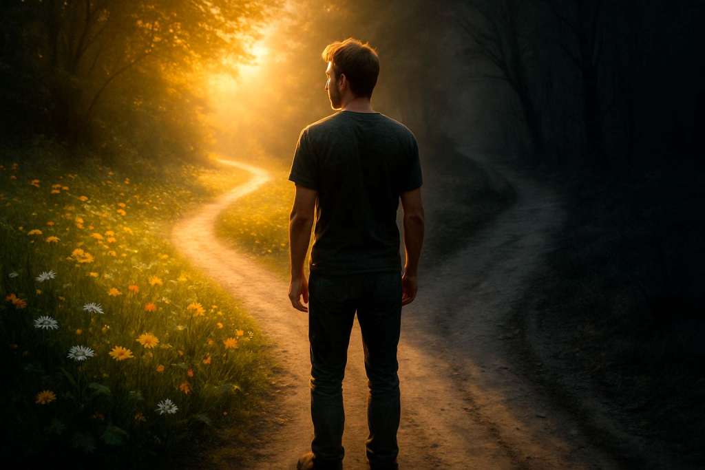 Hombre en un cruce de caminos decidiendo. Uno es sombrío y el otro soleado.