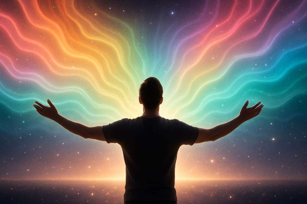 Hombre con los brazos abiertos emitiendo ondas de colores al universo.