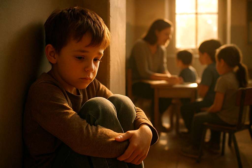 Niño triste en la escuela separado de sus compañeros y el principio de la envidia