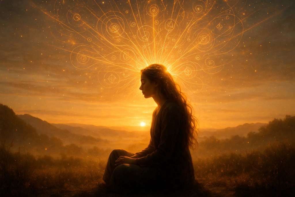 Mujer en la naturaleza creando con la mente y el reflejo de nuestros pensamientos