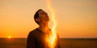 La Ira … El grito de un Alma herida Hombre en un campo al atardecer y le sale fuego por el pecho en representación a la emoción de la ira
